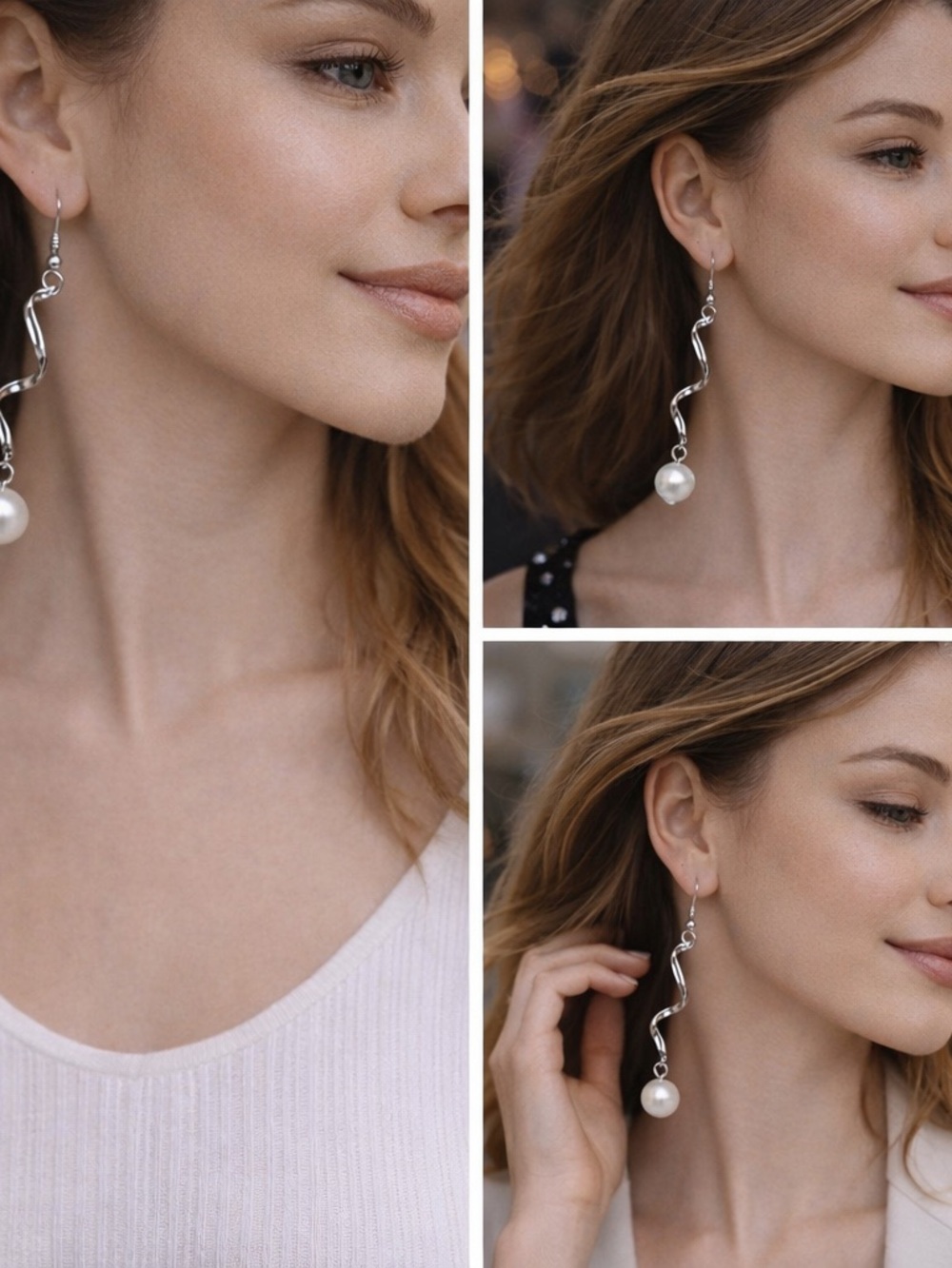 Stainless steel 18k gold plated Twisted Drop Earrings with White Pearl Accent